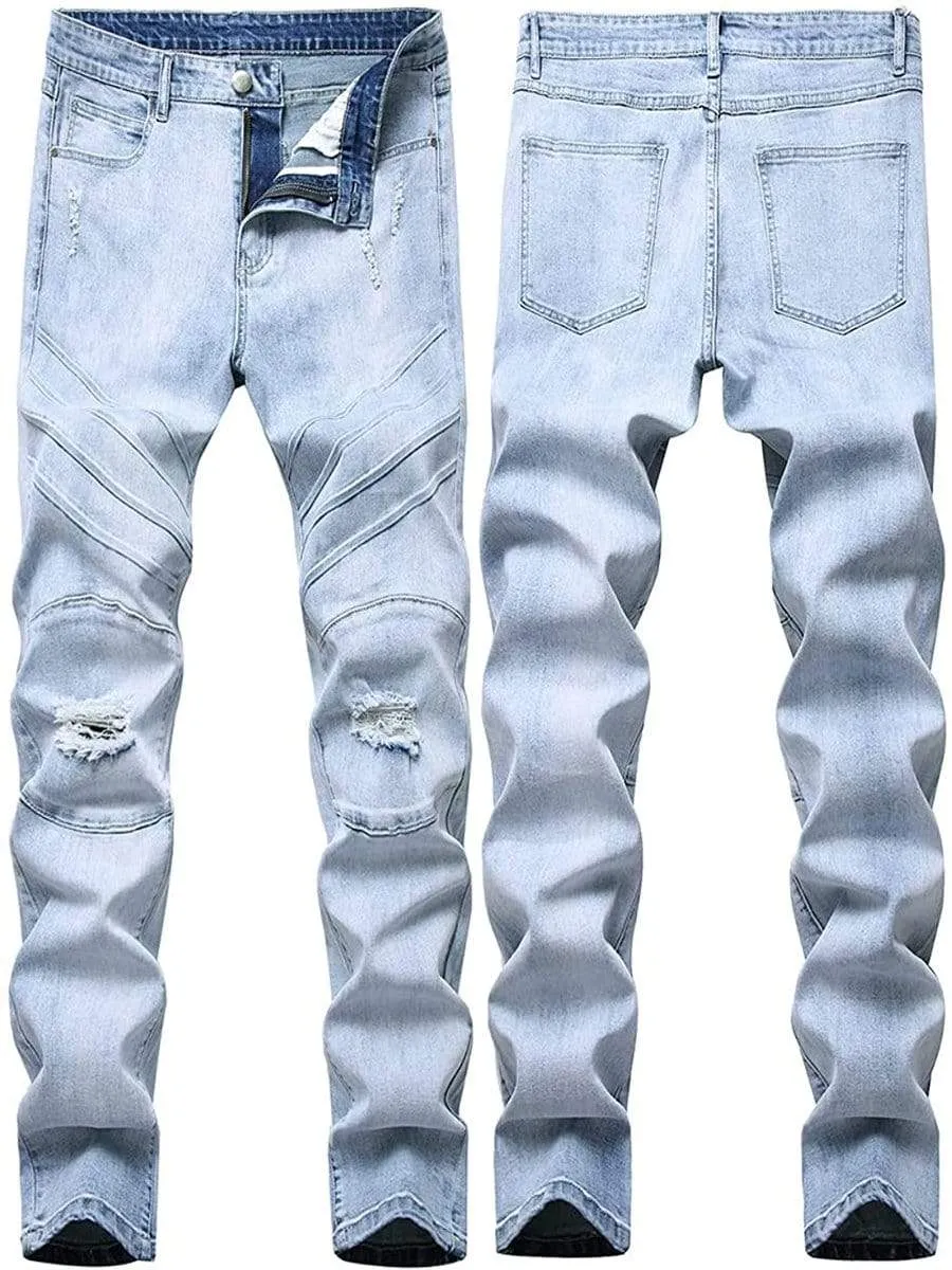 LONGBIDA Destroyed Stretch Skinny Slim Fit Washed Men Ripped Jeans