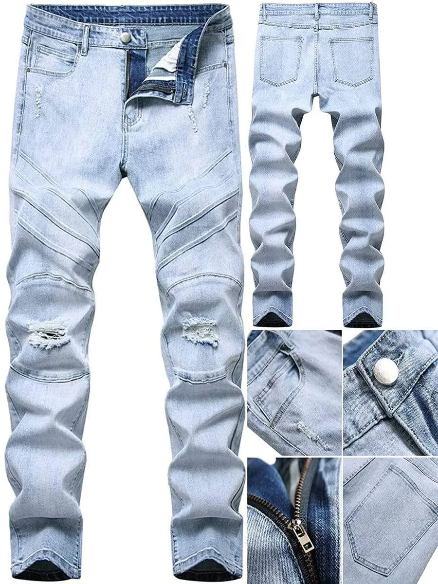 LONGBIDA Destroyed Stretch Skinny Slim Fit Washed Men Ripped Jeans