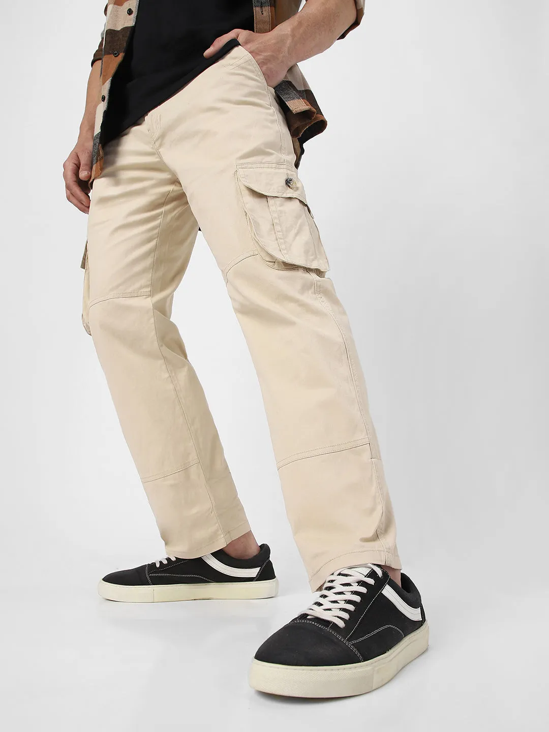 Men's Cream Regular Fit Solid Cargo Chino Pant with 6 Pockets