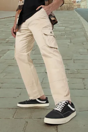 Men's Cream Regular Fit Solid Cargo Chino Pant with 6 Pockets
