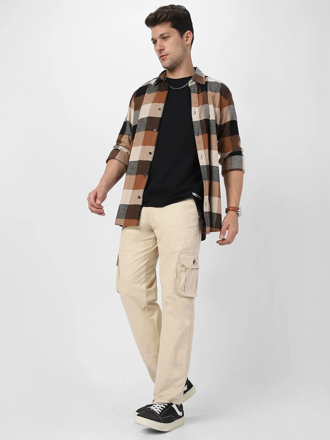 Men's Cream Regular Fit Solid Cargo Chino Pant with 6 Pockets