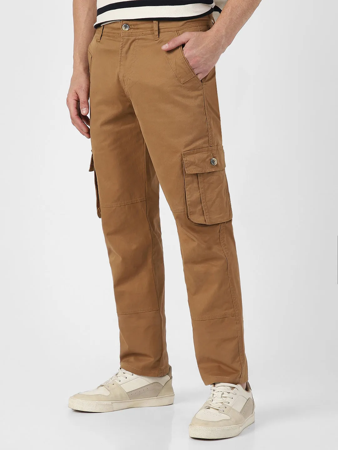 Men's Dark Khaki Regular Fit Solid Cargo Chino Pant with 6 Pockets