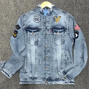 Men's Ripped Collar Denim Jacket - Bata Washed Cotton Knit with Embroidery Patch