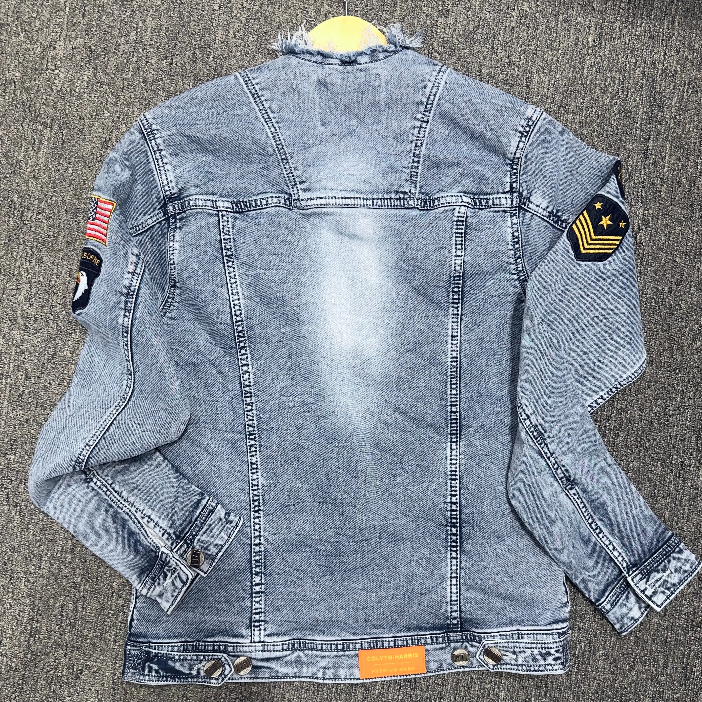 Men's Ripped Collar Denim Jacket - Bata Washed Cotton Knit with Embroidery Patch