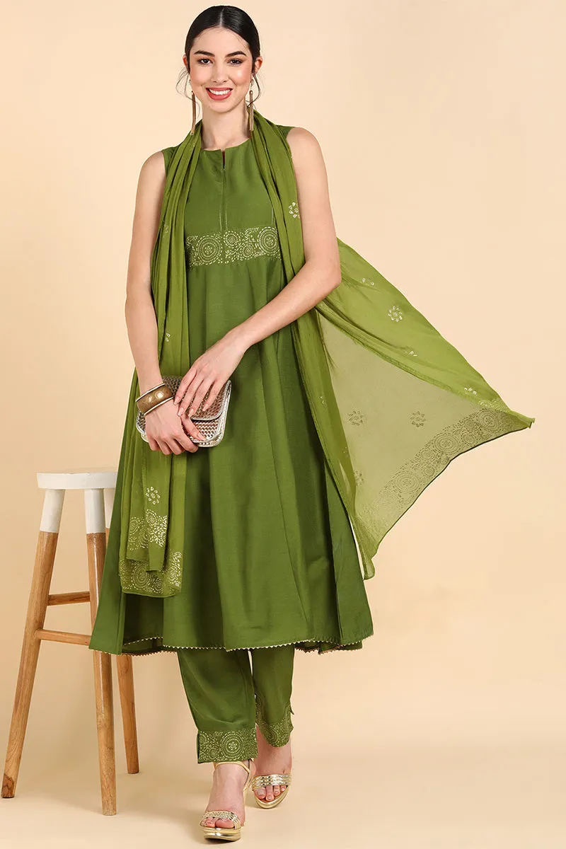 Olive Green Poly Silk Flared Suit Set