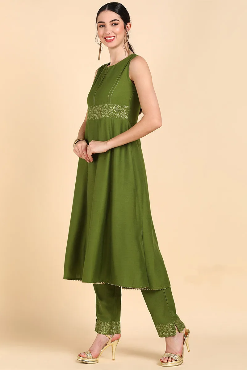 Olive Green Poly Silk Flared Suit Set