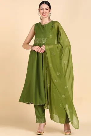 Olive Green Poly Silk Flared Suit Set