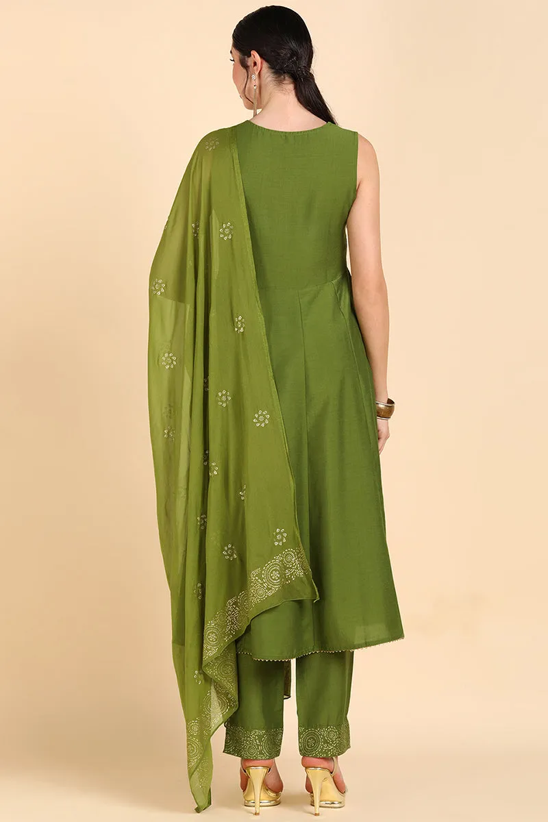 Olive Green Poly Silk Flared Suit Set