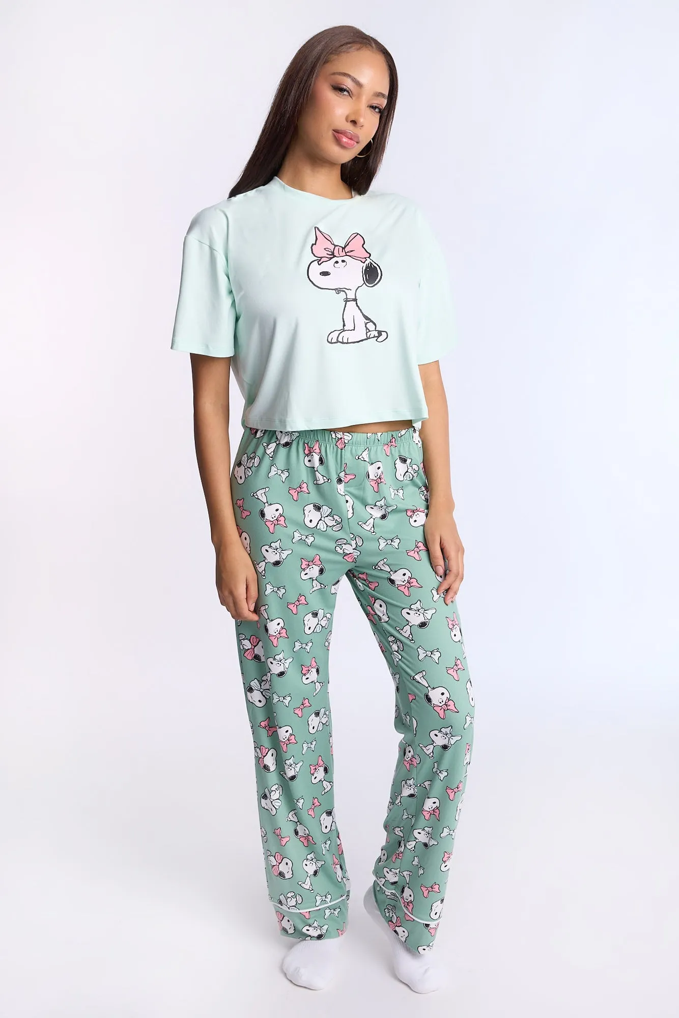 Peanuts Bow Super Soft Pajama Tee And Pants 2-Piece Set