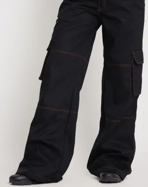 Saul Wide Leg Cargo Trouser in Black with Orange Stitching