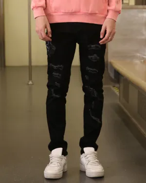 Stylish Black Ripped Jeans with Embroidered Flair-Mexico Local Delivery