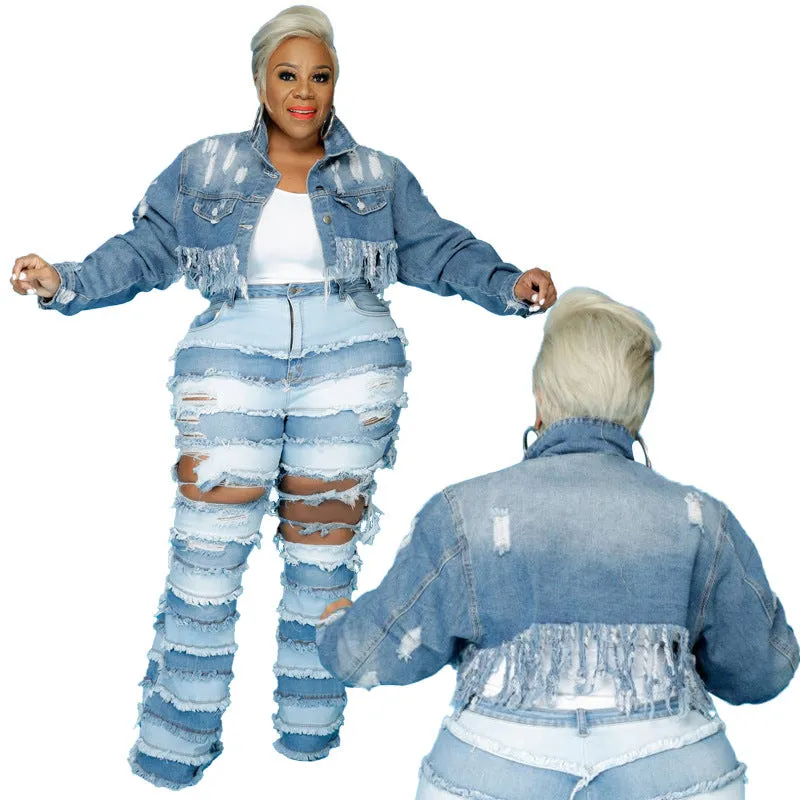 Stylish Fringed Edge Plus-size Women's Ripped Denim Jacket