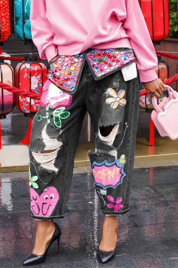 Stylish Graphic Print Ripped Jeans