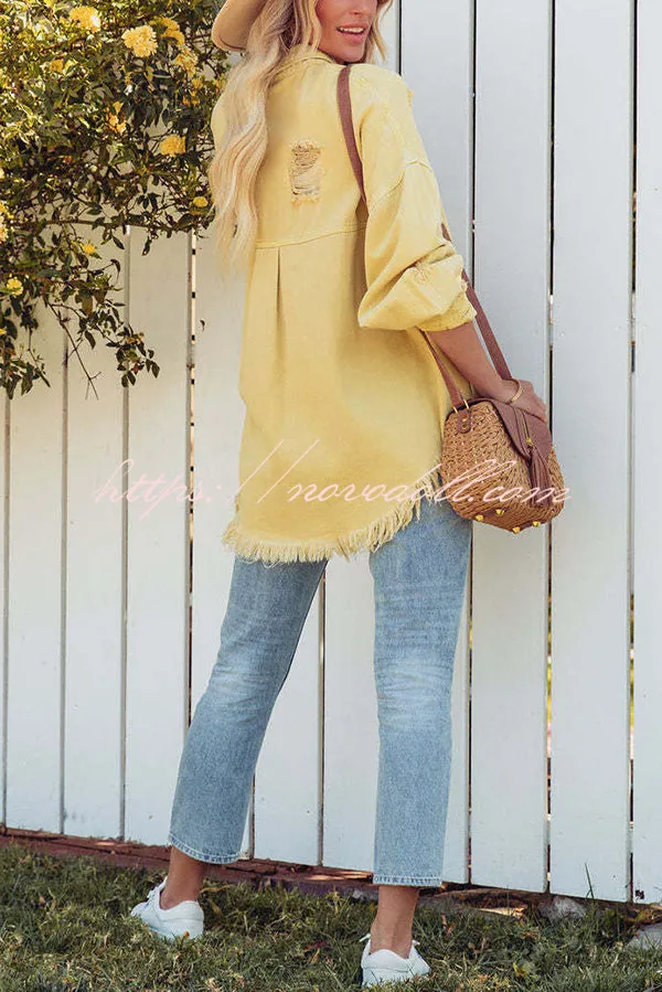 Stylish Lapel Long Sleeve Ripped Denim Jacket
