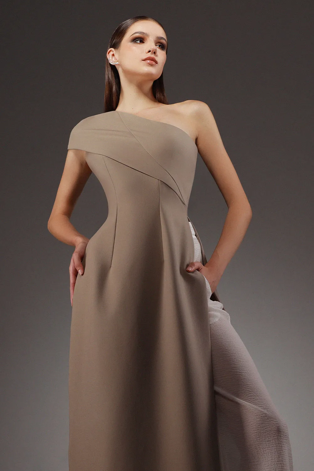 Swirling A-line One Shoulder Wool Cotton Floor Length Ao Dai