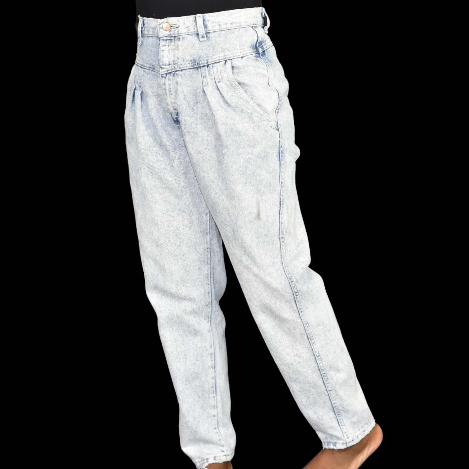 Vintage Mac Fads Jeans Blue Light Wash Denim High Waist Yoked Pleated Bareback Stonewash Rigid Cotton Size 6