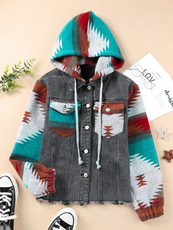 Washed Denim Aztec Print Hooded Shacket | Distressed Denim Hoodie Jacket