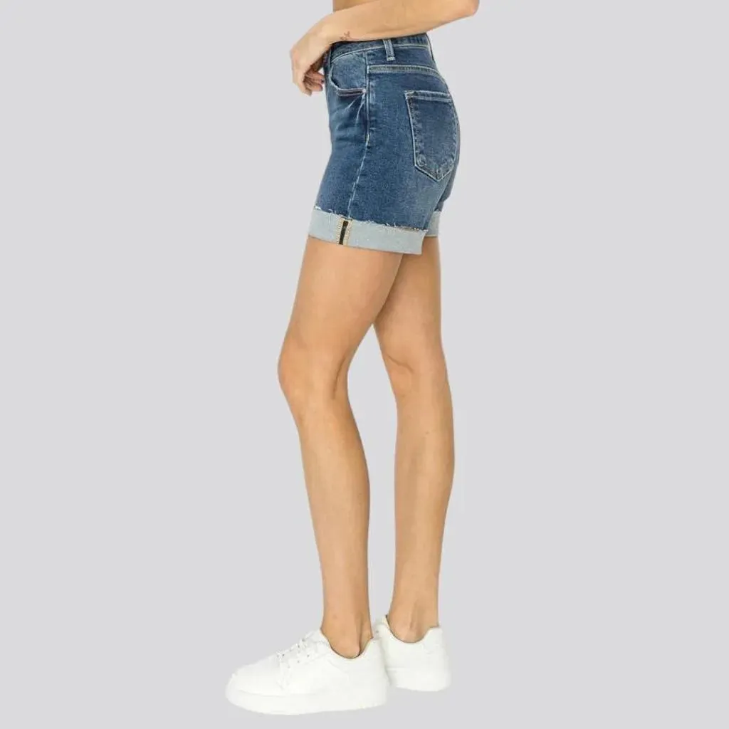 Whiskered medium-wash denim shorts
