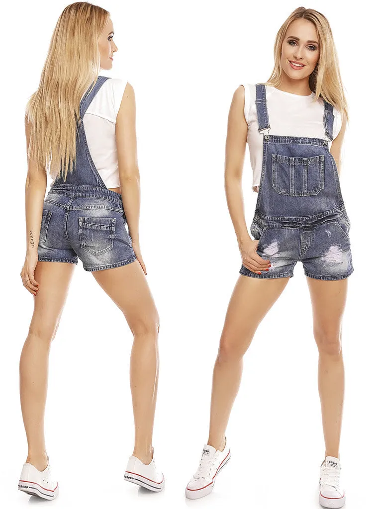 Women's Blue relaxed fit distressed ripped jean Dungarees