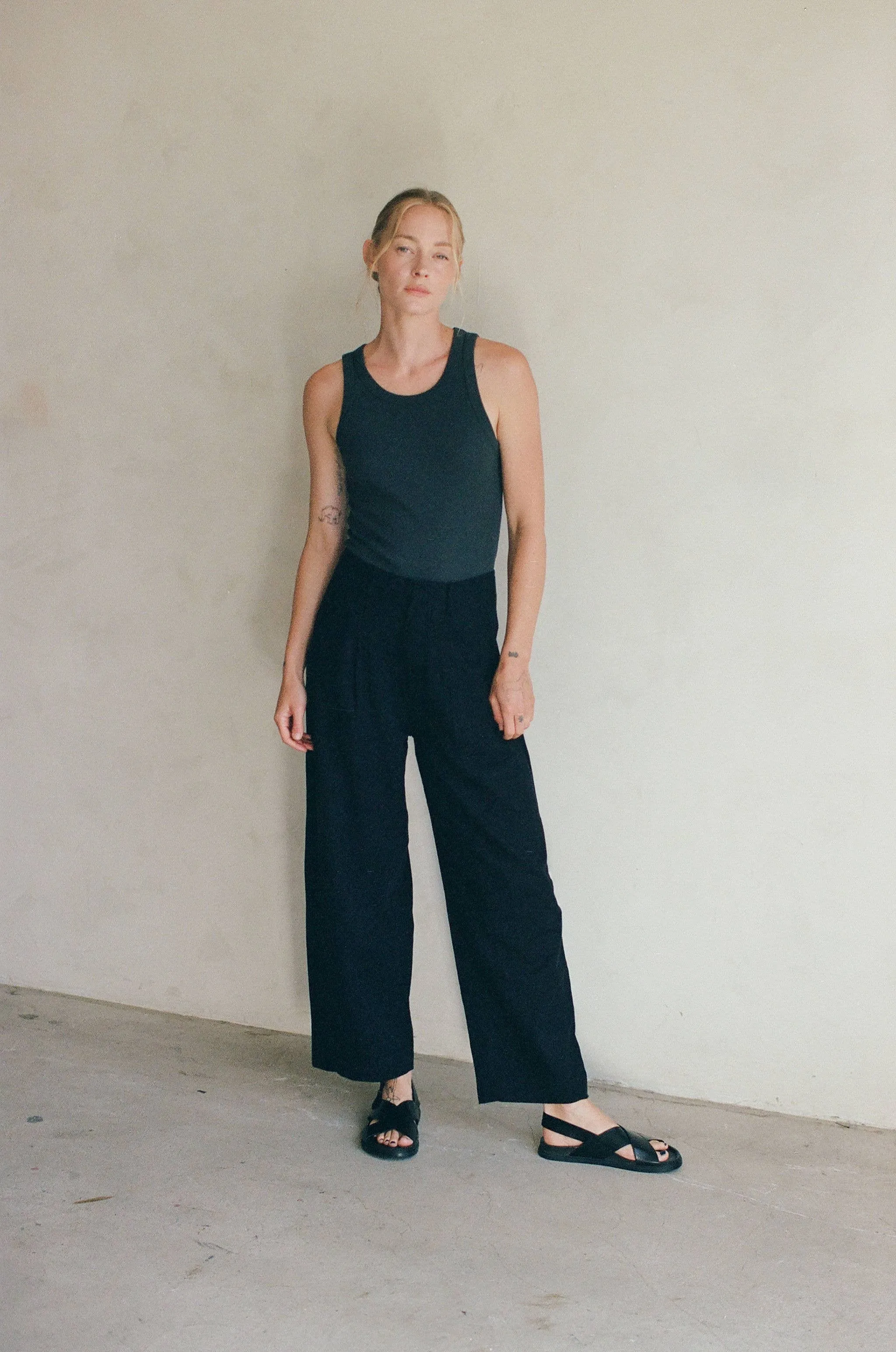 Woven Linen Cotton Pants - Washed Black